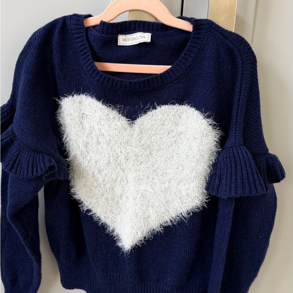 MonnaLisa Navy Knit Sweater with White Fuzzy Heart